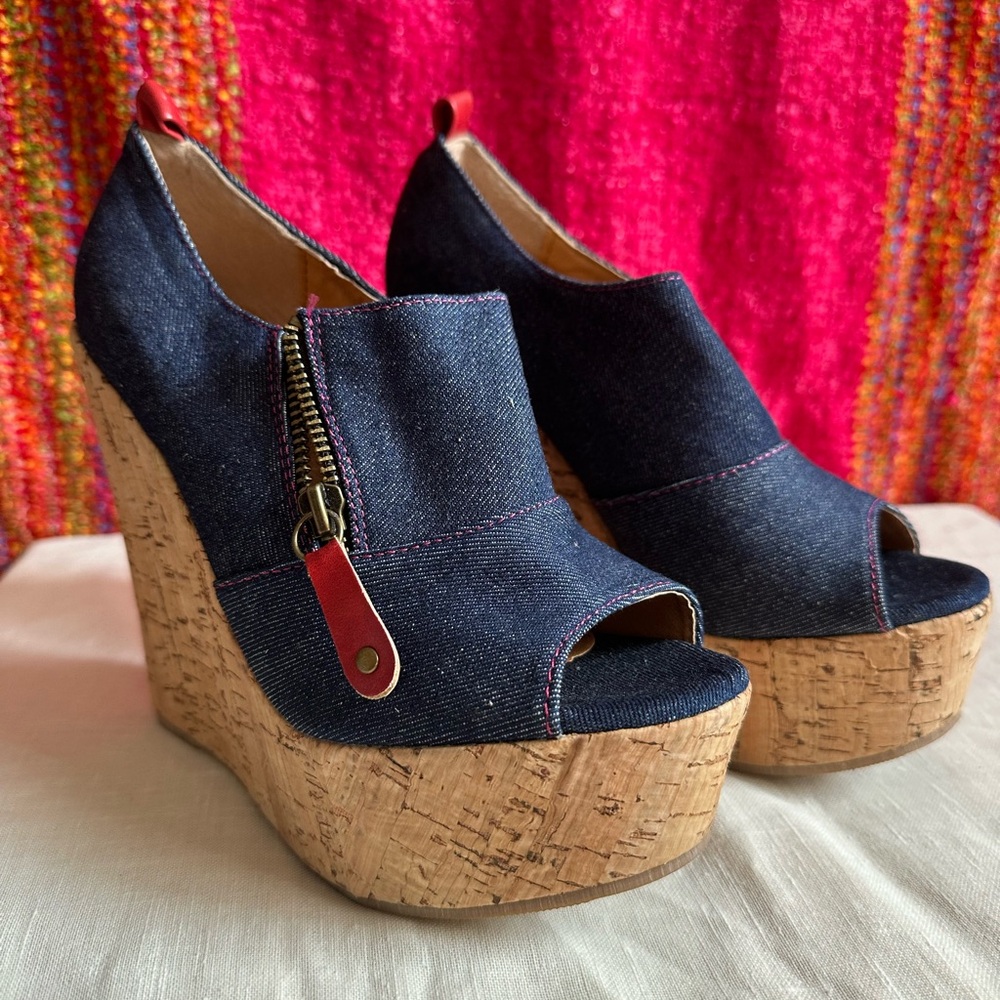 Denim Wedge Cork Sandals Size 6.5